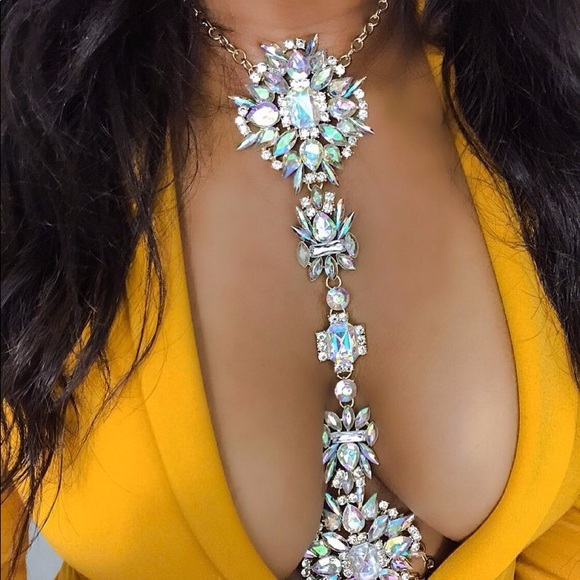 Boho Long Crystal Rhinestone Body Necklace Harness - Picture 2 of 16